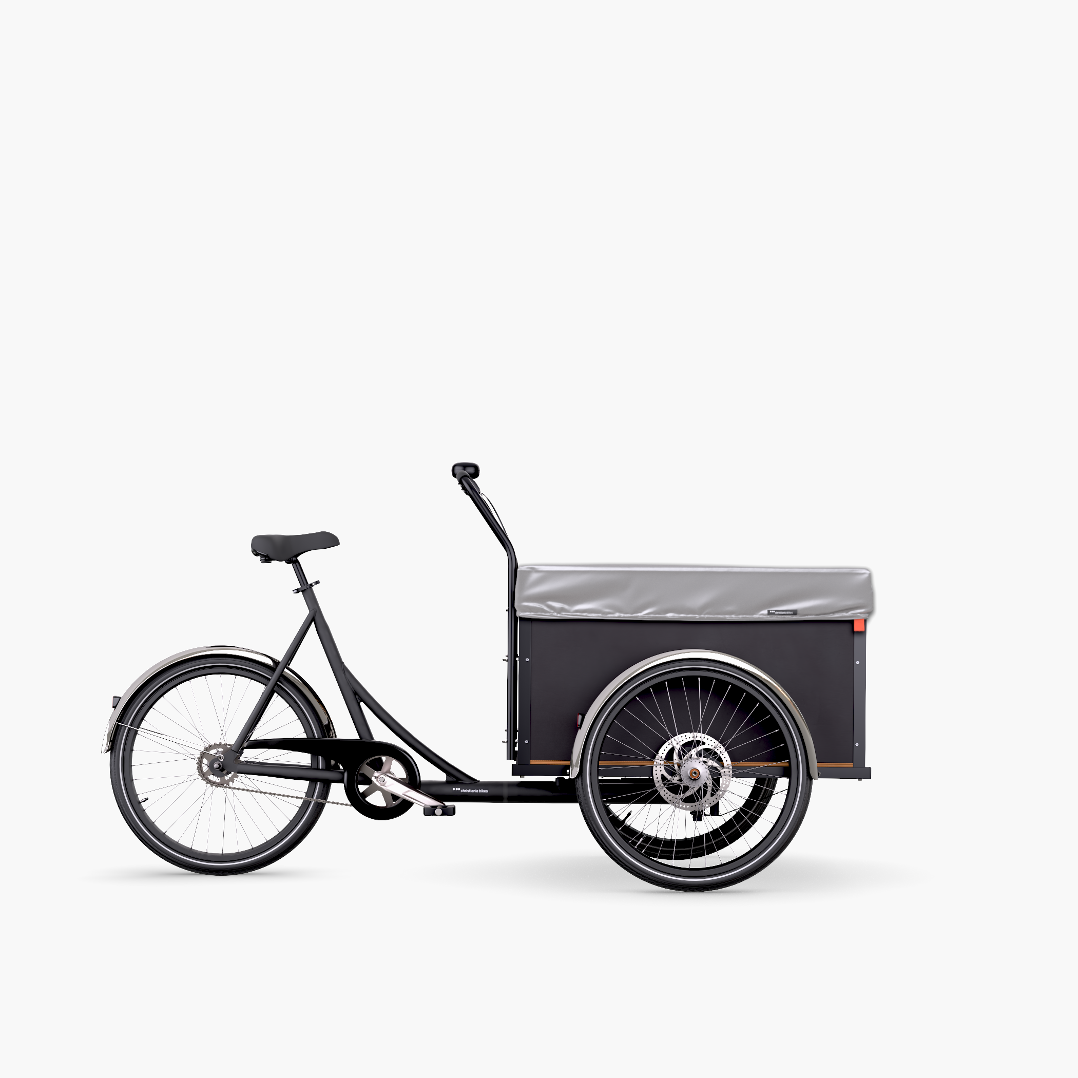 Black Christiania Classic 7 speed cargo bike with a raincover