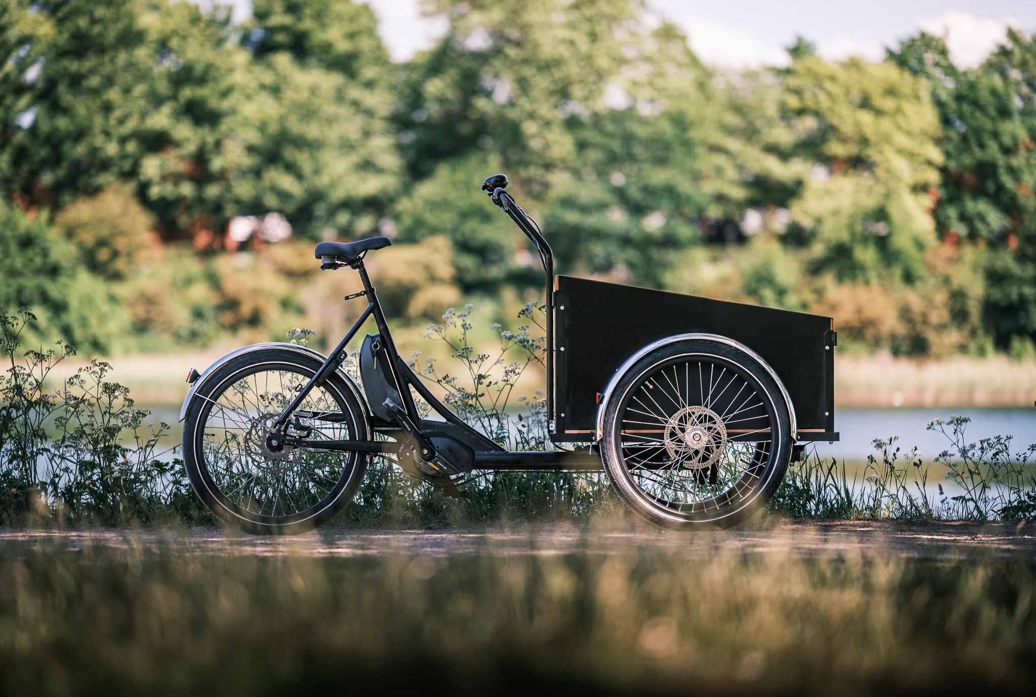 Black Christiania Classic midDrive cargo bike in the nature