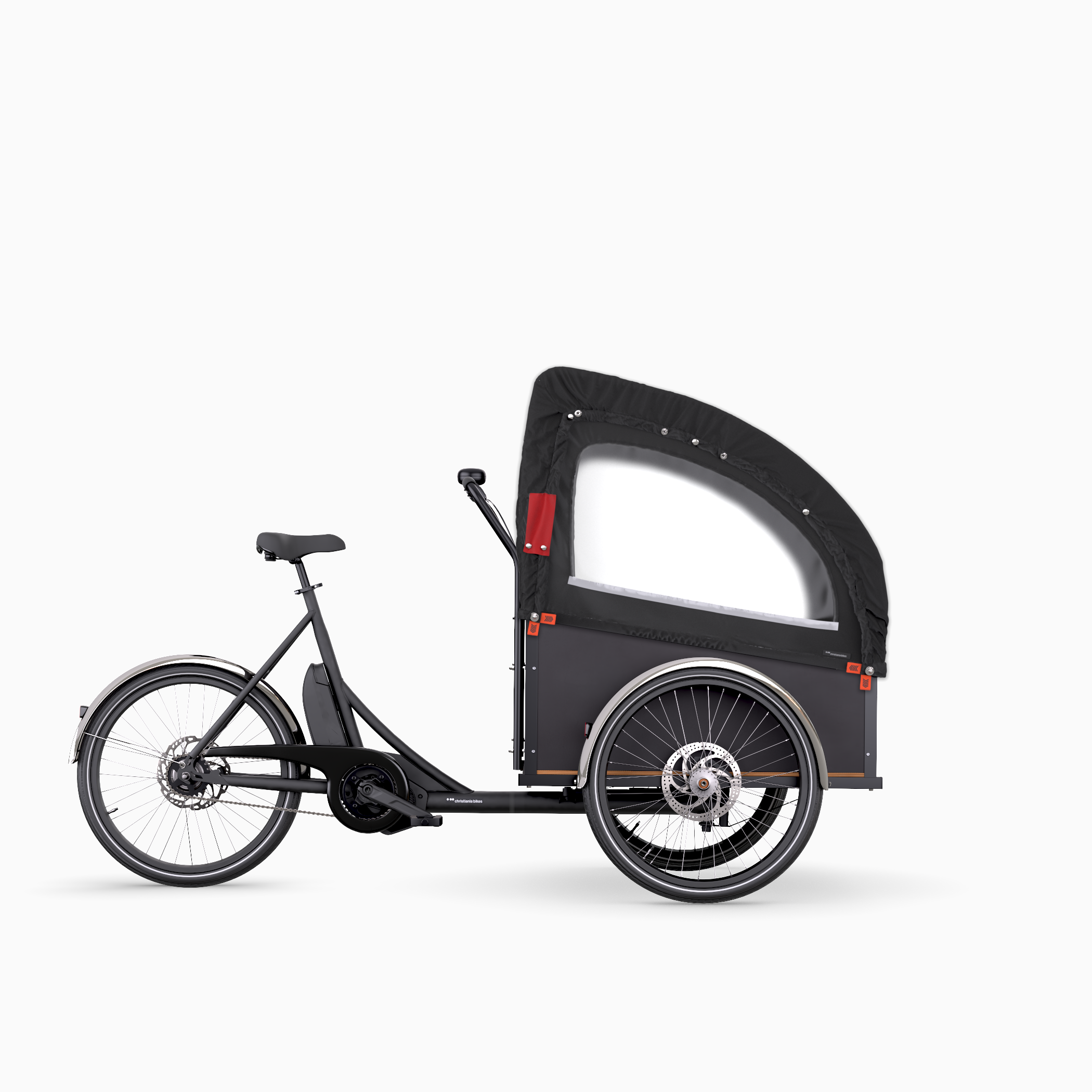 Matt black Christiania Classic MidDrive cargo bike with XL bugatti hood