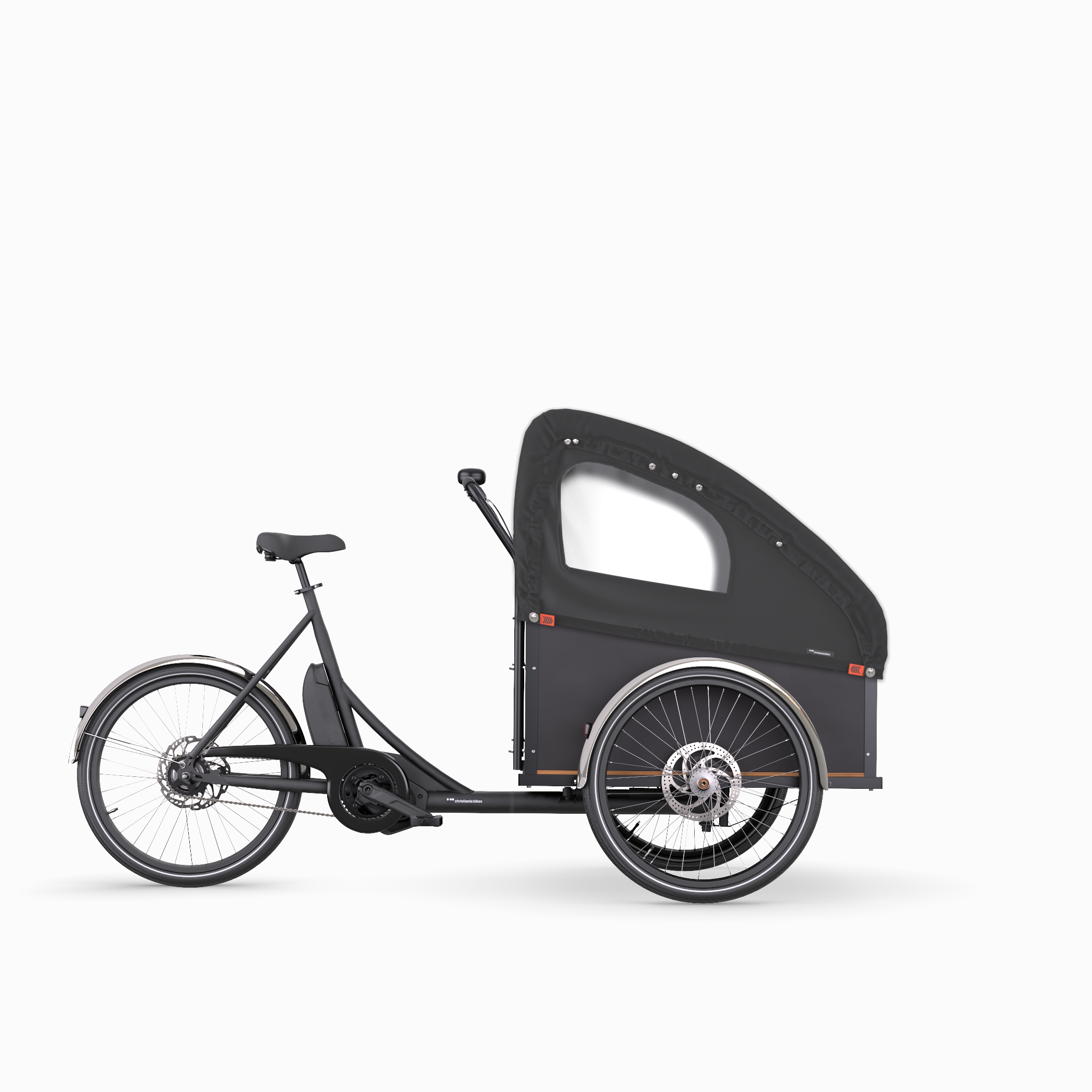 Matt black Christiania Straight MidDrive cargo bike with Bugatti hood