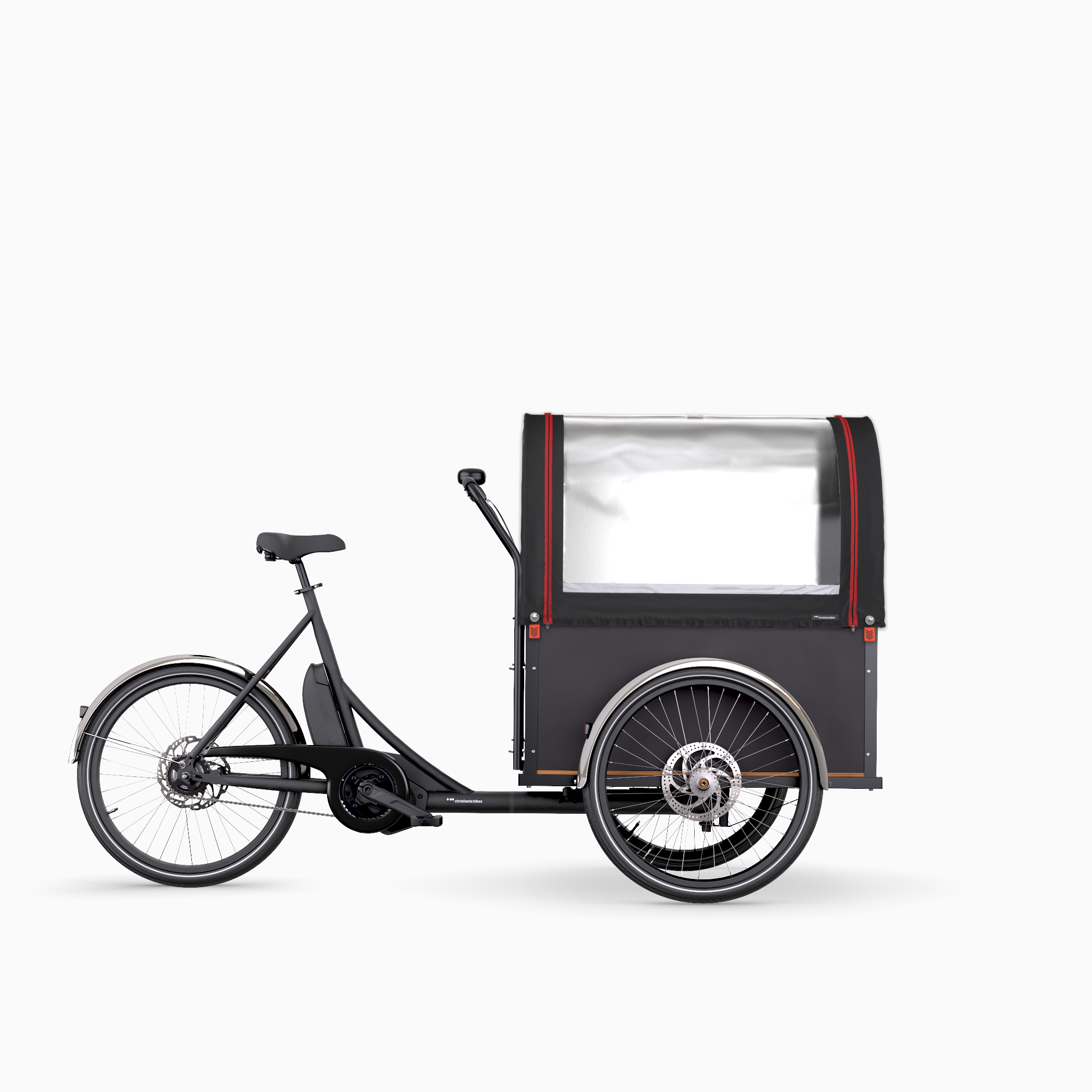 Matt black Christiania Straight MidDrive cargo bike with Praerie hood