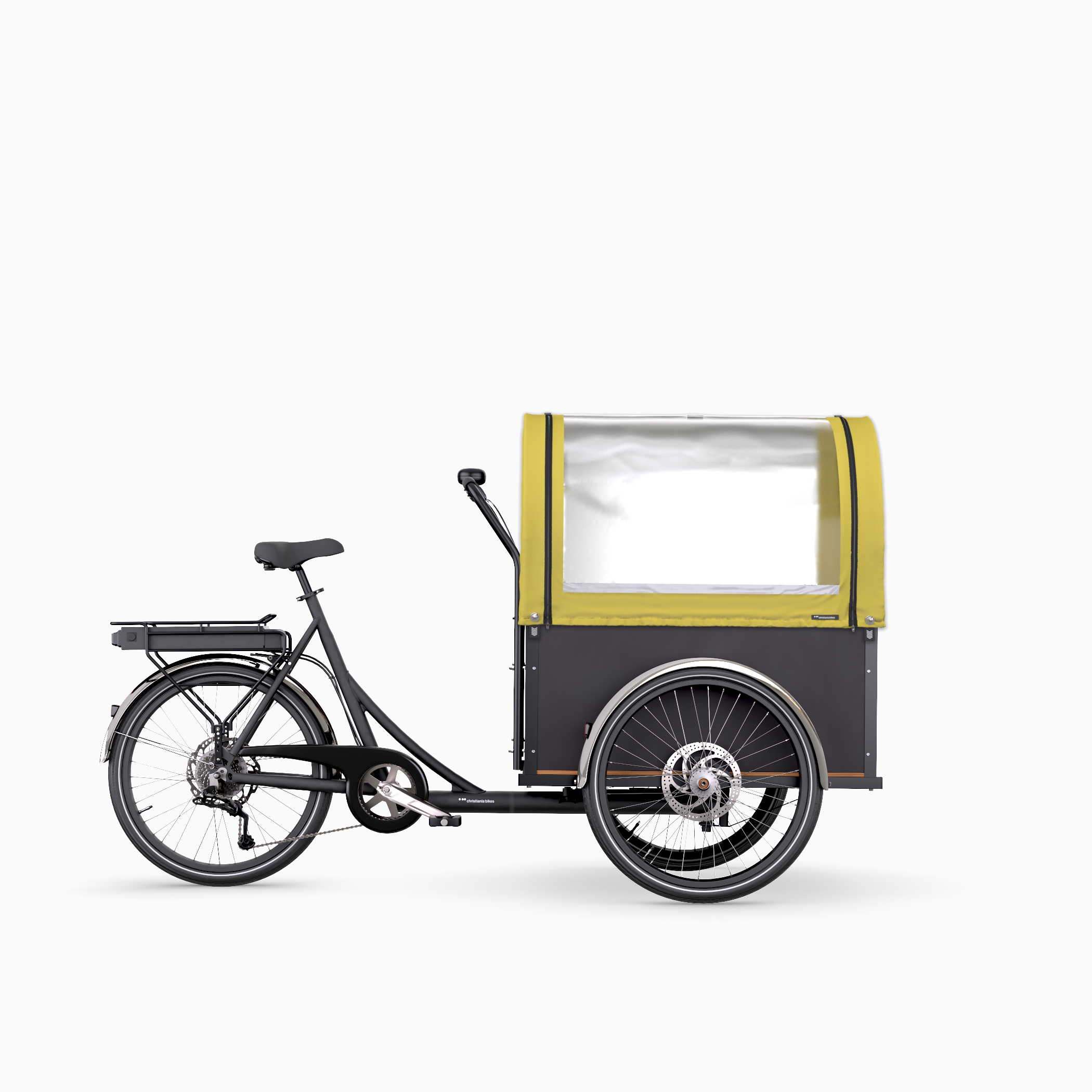 Black Christiania Straight rearDrive cargo bike with yellow Prairie hood