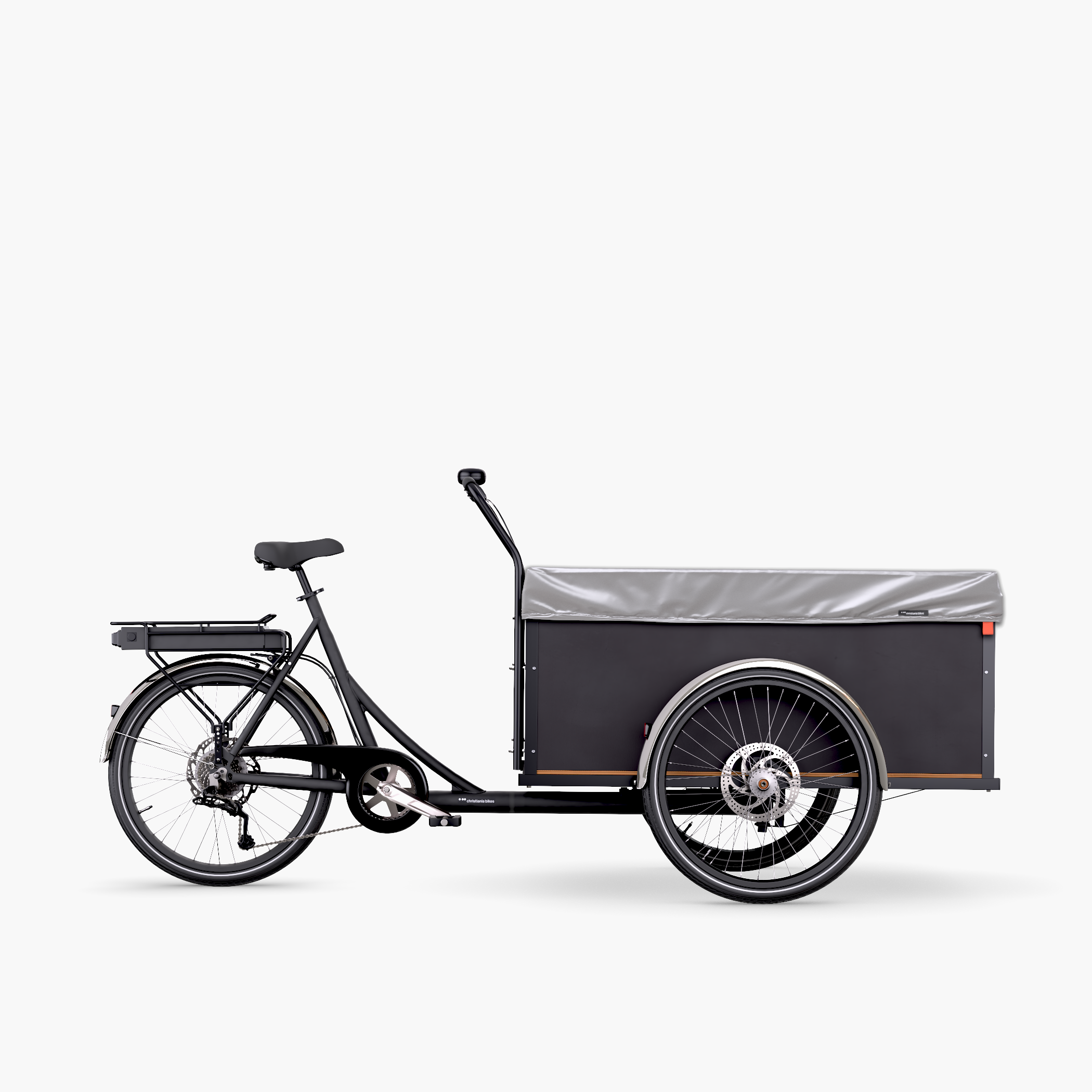 Black Christiania Straight RearDrive cargo bike with a raincover 