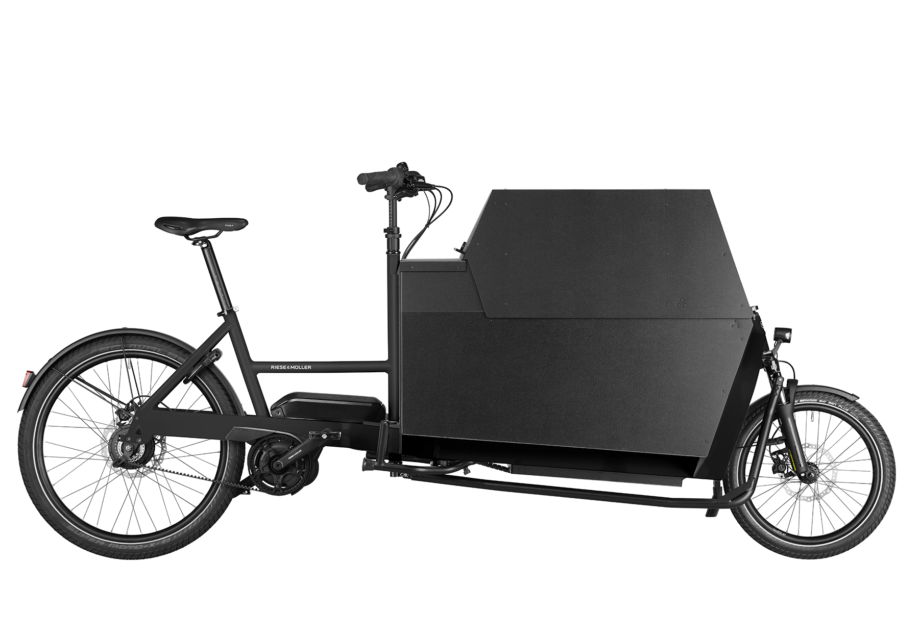 A black Riese and Muller Transporter2 85 vario cargo bike with high covered box