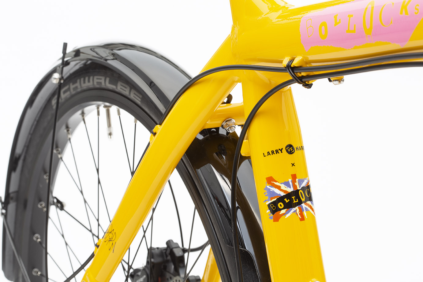 Close up of the seattube of a Bollocks coloured Bullitt cargo bike 