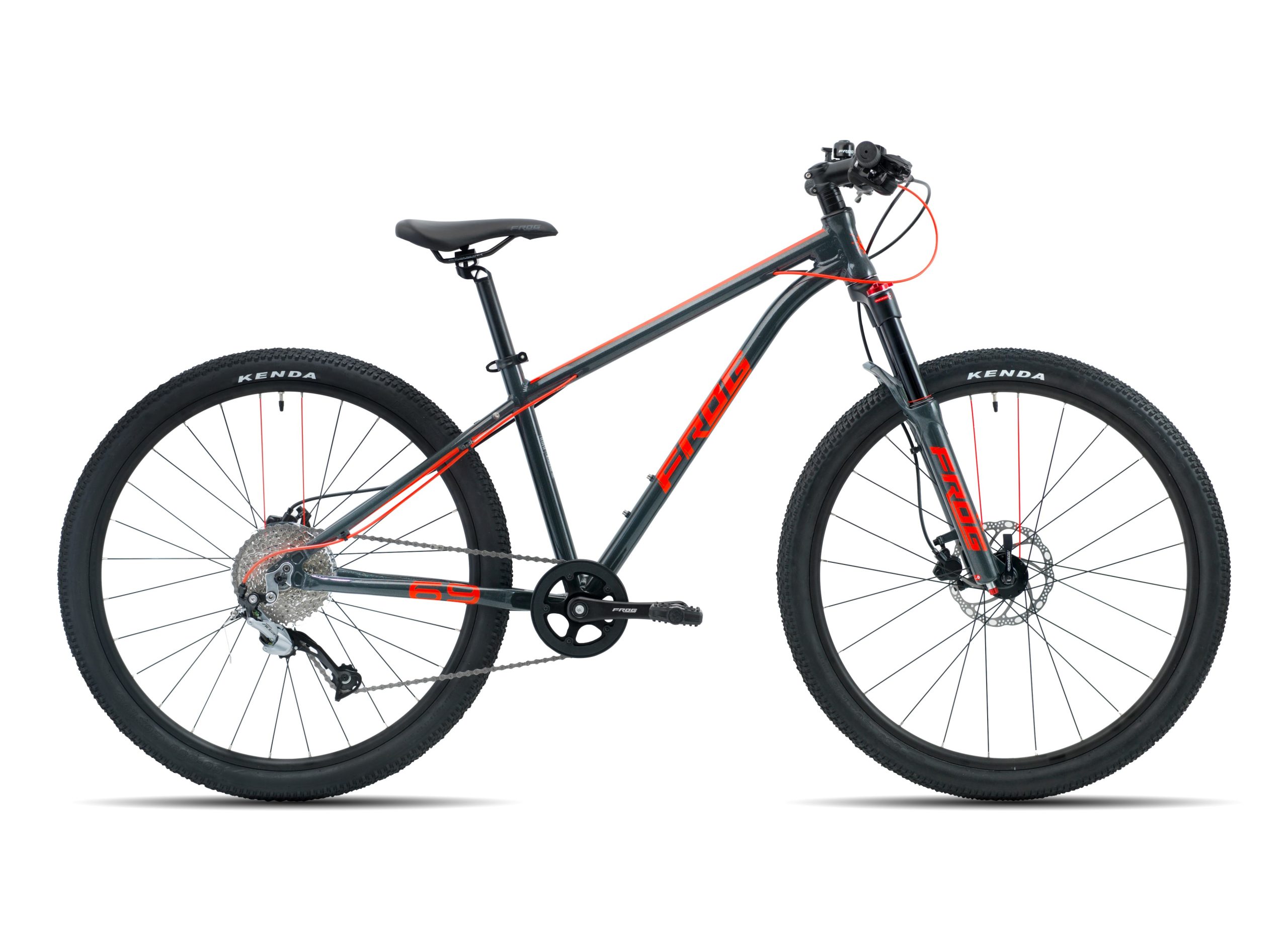 Neon Red Frog Mountain 69 bike from the side